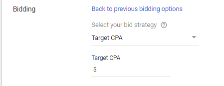 Set up bidding method with entering target cost per acquisition